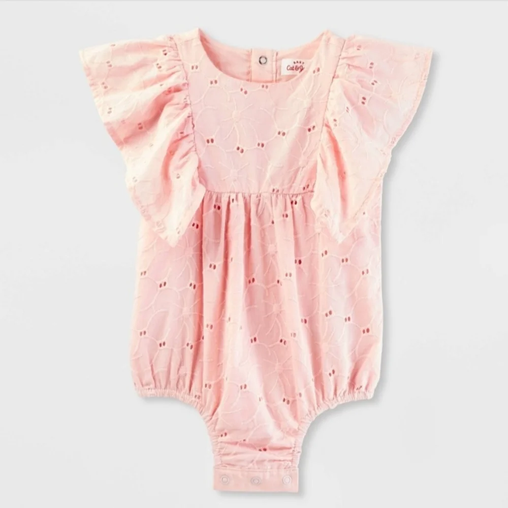 Cat & Jack Pink Eyelet Ruffle Sleeve One Piece Baby Girls' Bubble Romper Peach